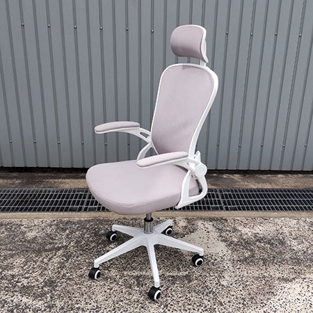 【中古0円無料】オフィスチェア ヘッドレスト付き 跳ね上げアーム ホワイト✕グレー[OC-257]