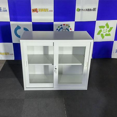 【中古0円無料】スチールキャビネット ガラス扉 幅880✕奥行400✕高さ730㎜[CB-033]