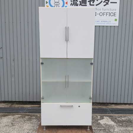 キャビネット 中段すりガラス 鍵無し 幅800✕奥行420✕高さ1870㎜[CB-135]