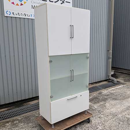 キャビネット 中段すりガラス 鍵無し 幅800✕奥行420✕高さ1870㎜[CB-135]